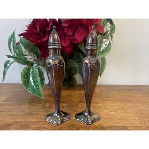 Vintage Silver-Tone Metal Salt Pepper Shakers Floral Tall Art Deco‎ Style Pair